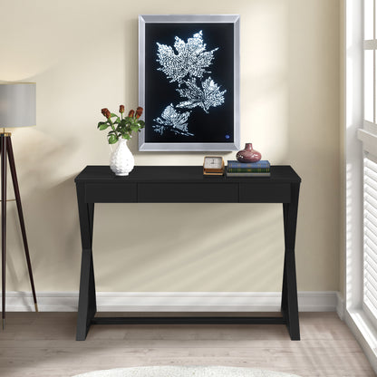 Modern Charcoal Console Table with X-Shape Base and Storage Drawer