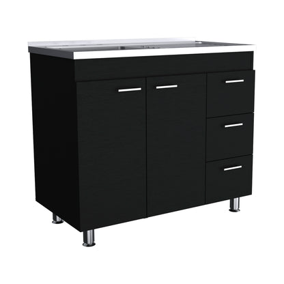 Modern Black Utility Sink with Three Drawers and Double Door Cabinet