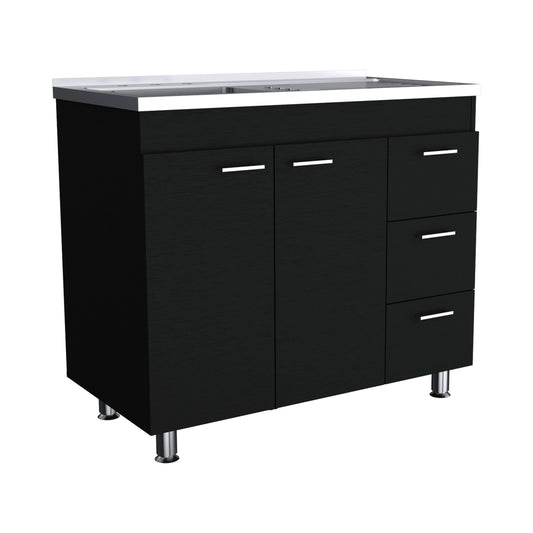 Modern Black Utility Sink with Three Drawers and Double Door Cabinet