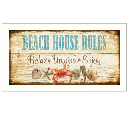 Coastal Beach House Rules Wall Art - 11 x 20 in Printed Poster, Ready-to-Hang Framed Multicolor