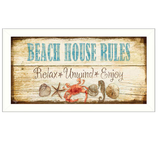 Coastal Beach House Rules Wall Art - 11 x 20 in Printed Poster, Ready-to-Hang Framed Multicolor