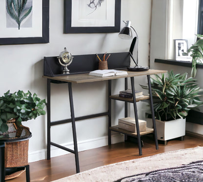 Modern Rustic Oak Writing Desk with Black Metal Legs and Storage Shelves