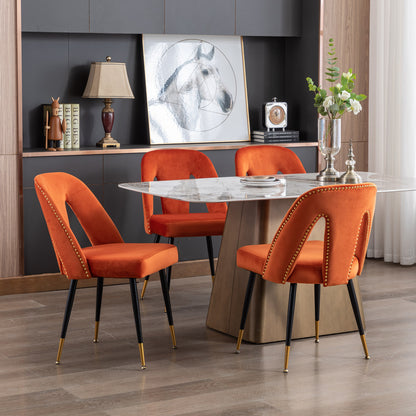 Set of 2 Velvet Upholstered Dining Chairs with Nailhead Trim and Gold-Tipped Black Metal Legs, Orange