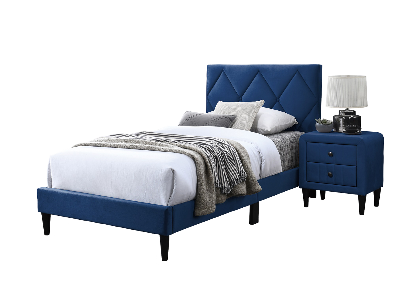 Navy Blue Velvet Upholstered Twin Bed with Adjustable Headboard for Youth Bedrooms
