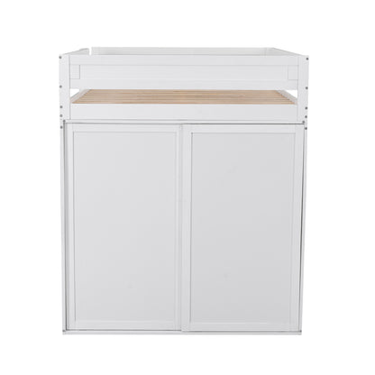 Space-Saving White Wood Loft Bed with Integrated Wardrobes and 2-Drawer Desk
