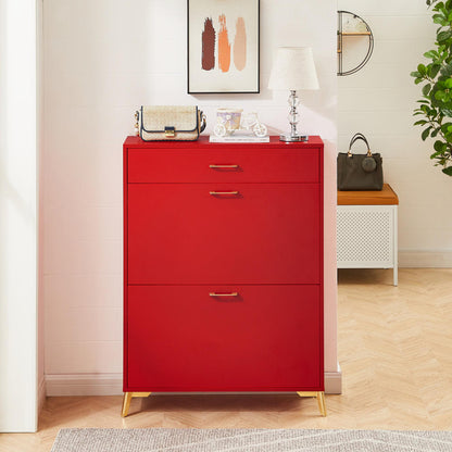 Red Freestanding Shoe Storage Cabinet with Dual Flip Drawers for Entryway and Hallway Organization