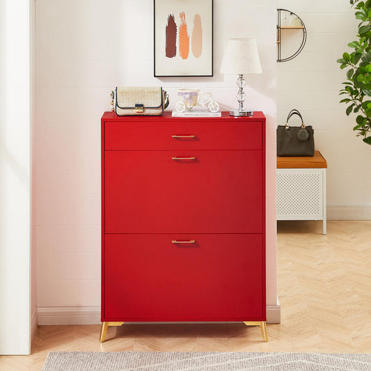 Red Freestanding Shoe Storage Cabinet with Dual Flip Drawers for Entryway and Hallway Organization