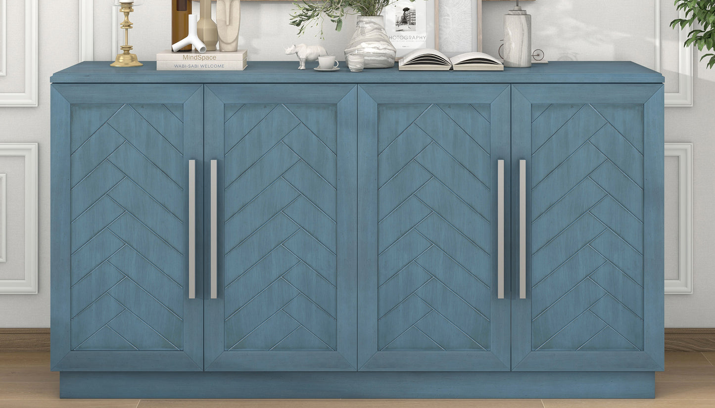 TREXM Sideboard with 4 Doors Large Storage Space Buffet Cabinet with Adjustable Shelves and Silver Handles for Kitchen, Dining Room, Living Room (Antique Blue)