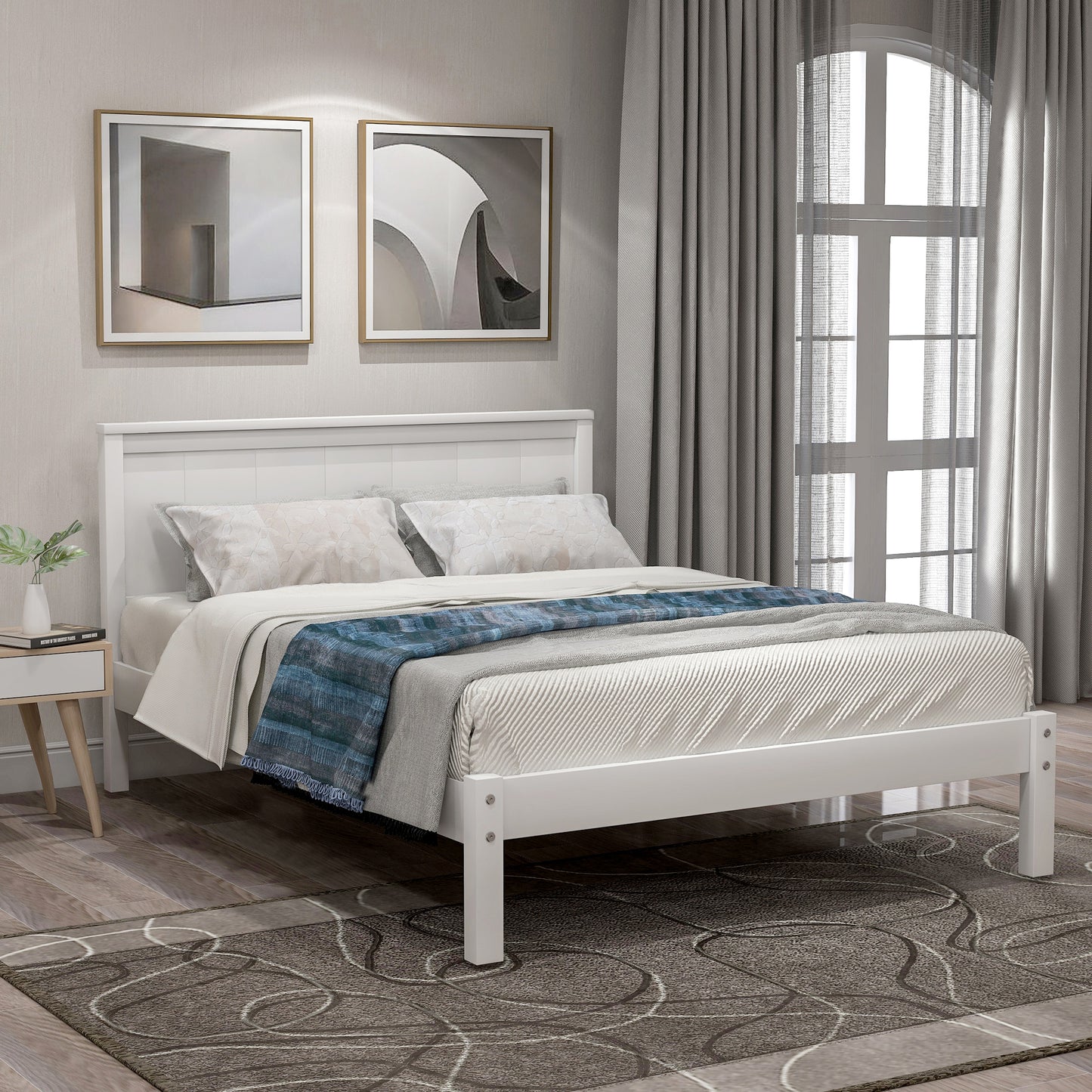 Modern Twin Platform Bed Frame with Rustic Headboard and Wood Slat Support, No Box Spring Required, White