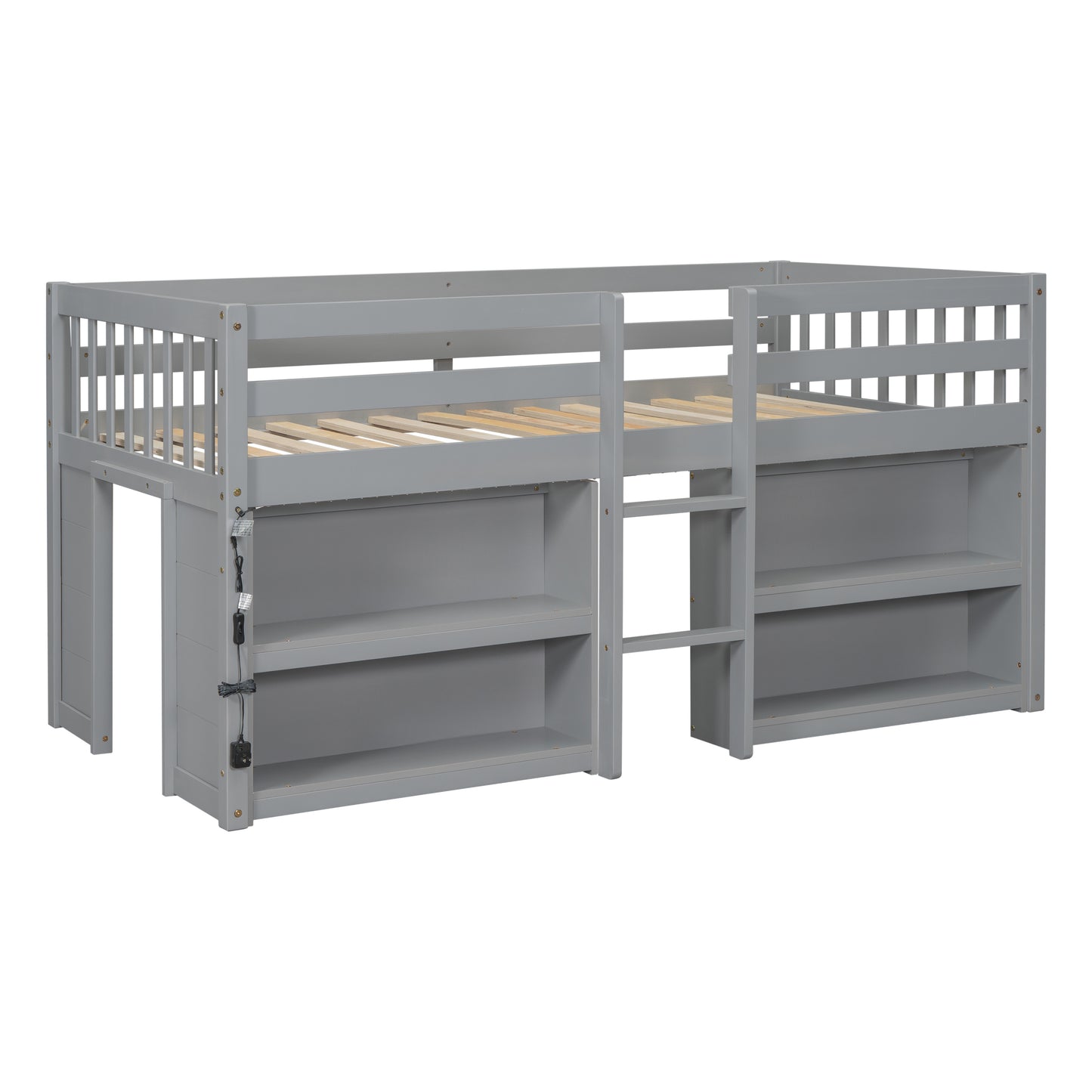 Twin Size Low Loft Bed for Kids with Dual Shelving and LED Lights in Grey