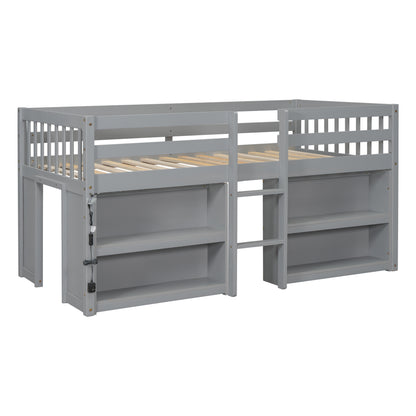 Twin Size Low Loft Bed for Kids with Dual Shelving and LED Lights in Grey