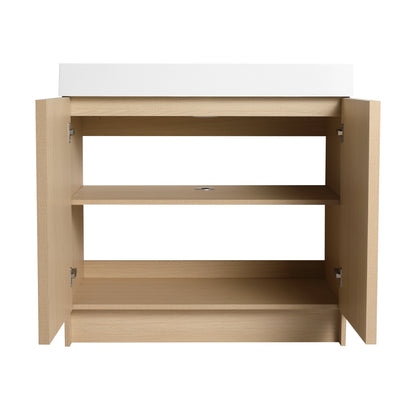 Modern 36" Freestanding Oak Bathroom Vanity with Soft-Close Doors & Integrated White Resin Sink
