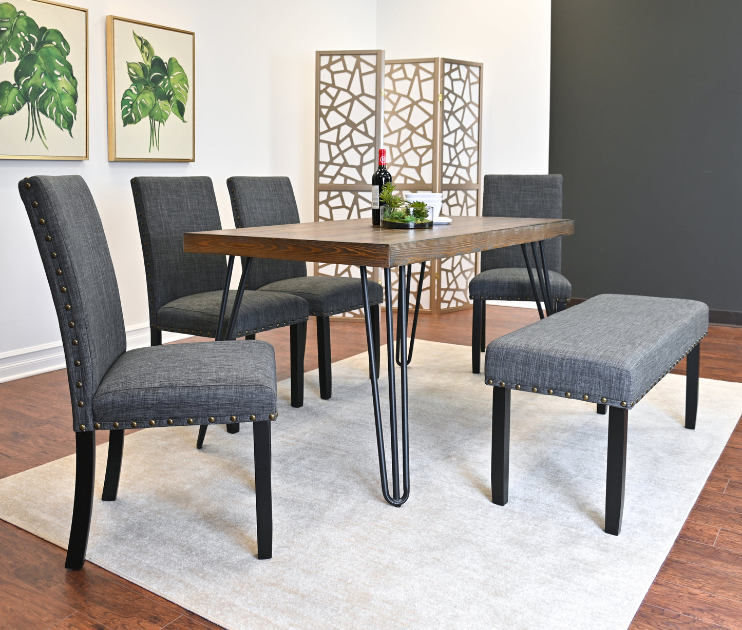 Hairpin Table Dining Set With Chairs And Bench Brown