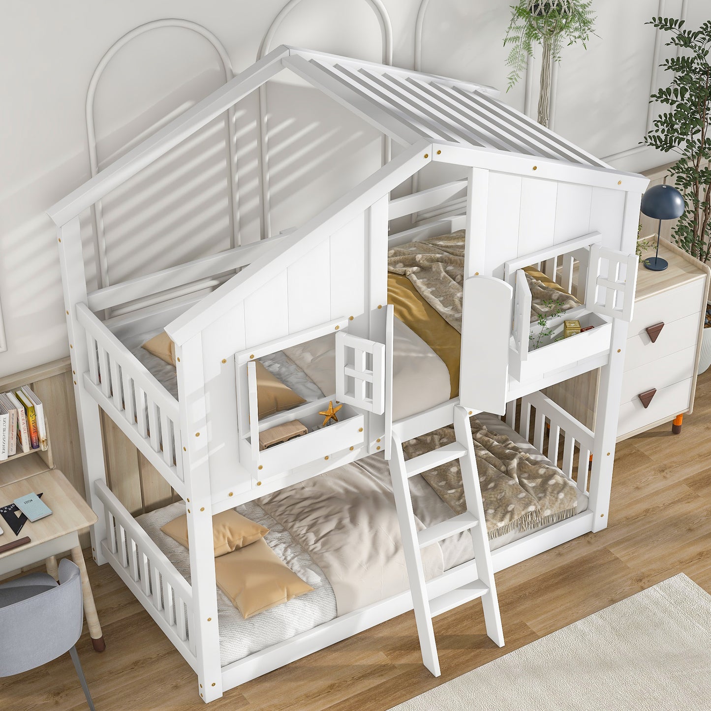 Charming Twin Over Twin House Bunk Bed with Roof and Window Features, Safety Guardrails and Ladder, White
