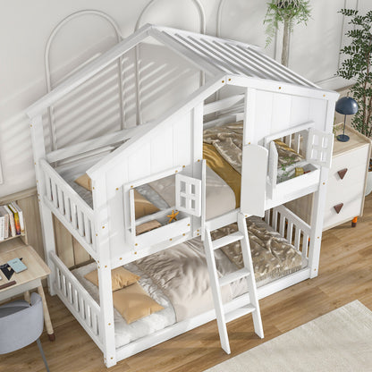 Charming Twin Over Twin House Bunk Bed with Roof and Window Features, Safety Guardrails and Ladder, White