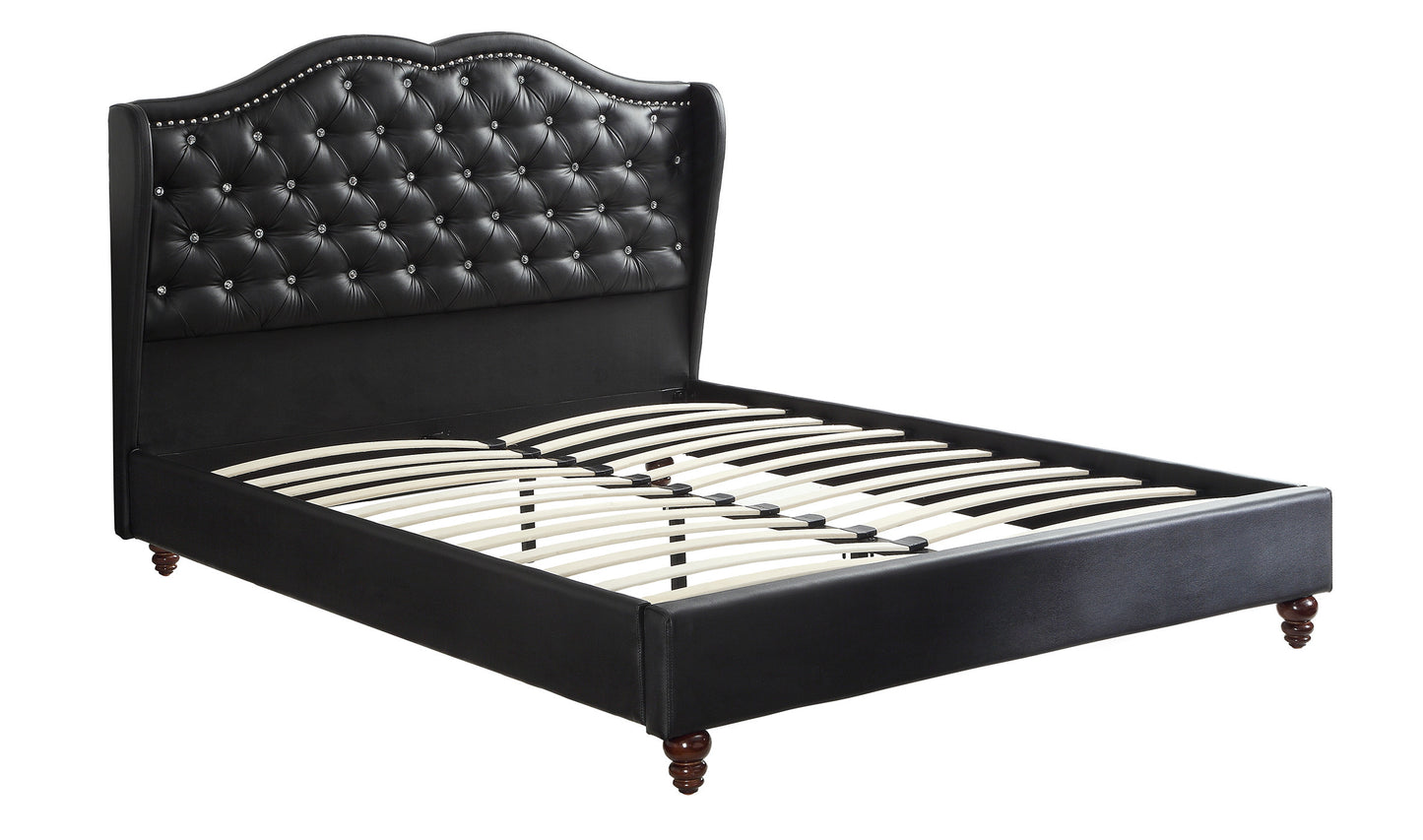Luxurious Black Faux Leather Queen Bed Set with Wingback Headboard and Tufted Design