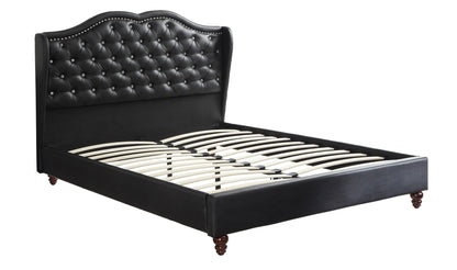 Luxurious Black Faux Leather Queen Bed Set with Wingback Headboard and Tufted Design