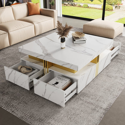 Square Storage Coffee Table with 4 Drawers, MDF, Modern Living Room 43.3 x 43.3 x 16.5 in White