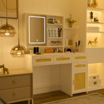 Makeup Vanity with Lights, Open Mirror, 4 Drawers & 1 Cabinet, Rattan Vanity Table for Bedroom - 3 Colors