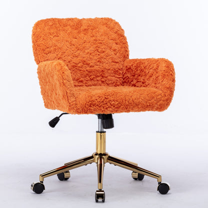 Orange Upholstered Home Office Chair with Golden Base - Adjustable Swivel Vanity Chair Featuring Artificial Rabbit Hair and Reclining Chassis