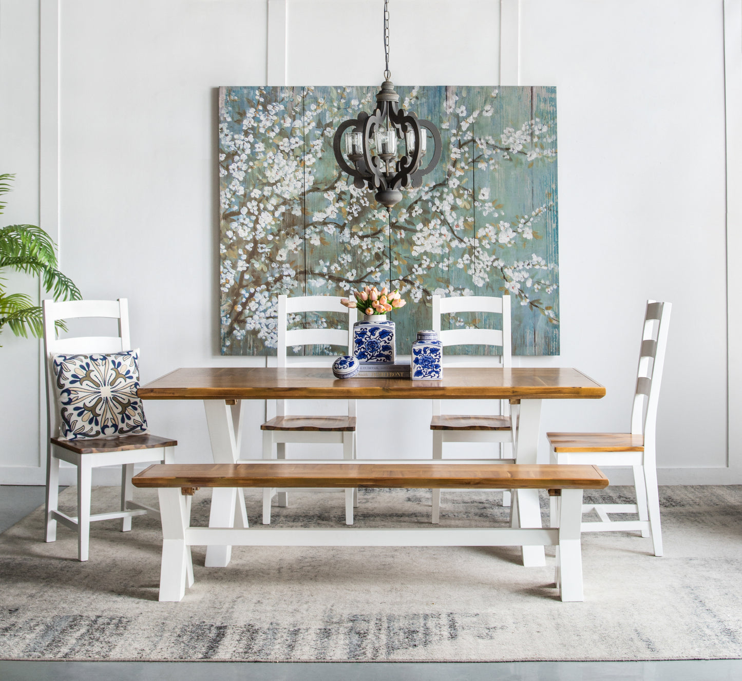 Farmhouse 6-Light Wood Chandelier Pendant with Adjustable Chain - Dining Room, Living Room, 60W E12 Gray