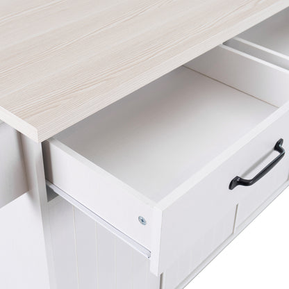 Rolling White Kitchen Island with Drop Leaf and Tilt-out Trash Can Storage, Spice Rack & Towel Rack