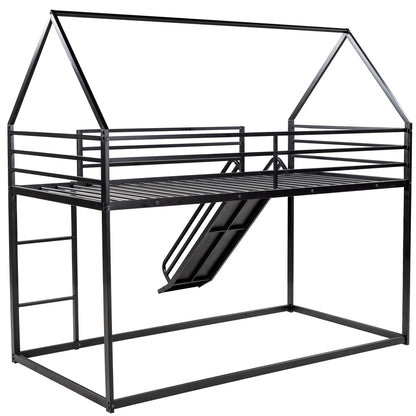 Twin House Bunk Bed with Slide and Ladder in Black for Kids