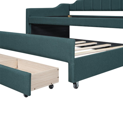 Green Twin Size Upholstered Daybed with Trundle and Storage Drawers