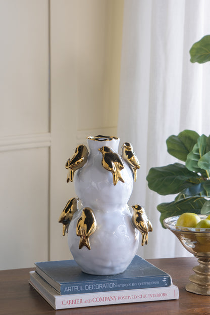 Two-Tier Ceramic Vase with Gold Birds, 8.5x8.5x14-Inch, Modern Glam for Living Room, White and Gold