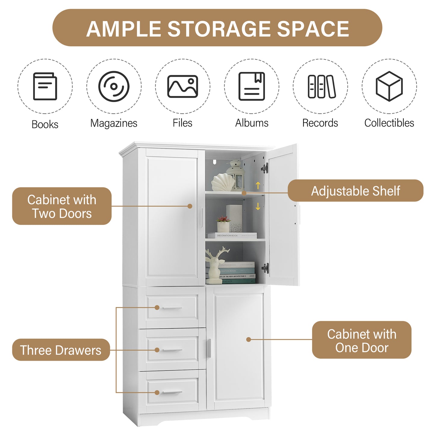 Versatile Tall Storage Cabinet with Doors and Drawers for Bathroom, Office, or Kitchen - White MDF Design