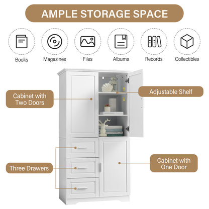 Versatile Tall Storage Cabinet with Doors and Drawers for Bathroom, Office, or Kitchen - White MDF Design