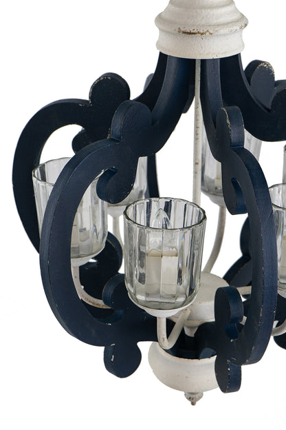 6-Light Wood Chandelier, Farmhouse Pendant for Kitchen, Living, Bulb Not Included, Navy Blue and White Finish