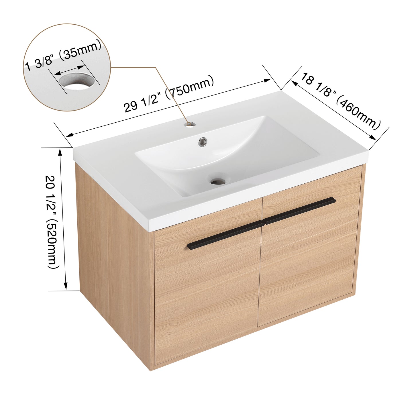 30-Inch Oak Bathroom Vanity Set with Resin Sink and Storage Cabinet