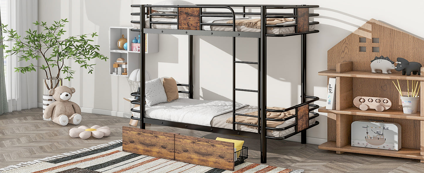 Twin XL Metal Bunk Bed with MDF Guardrails and Storage Drawers in Black