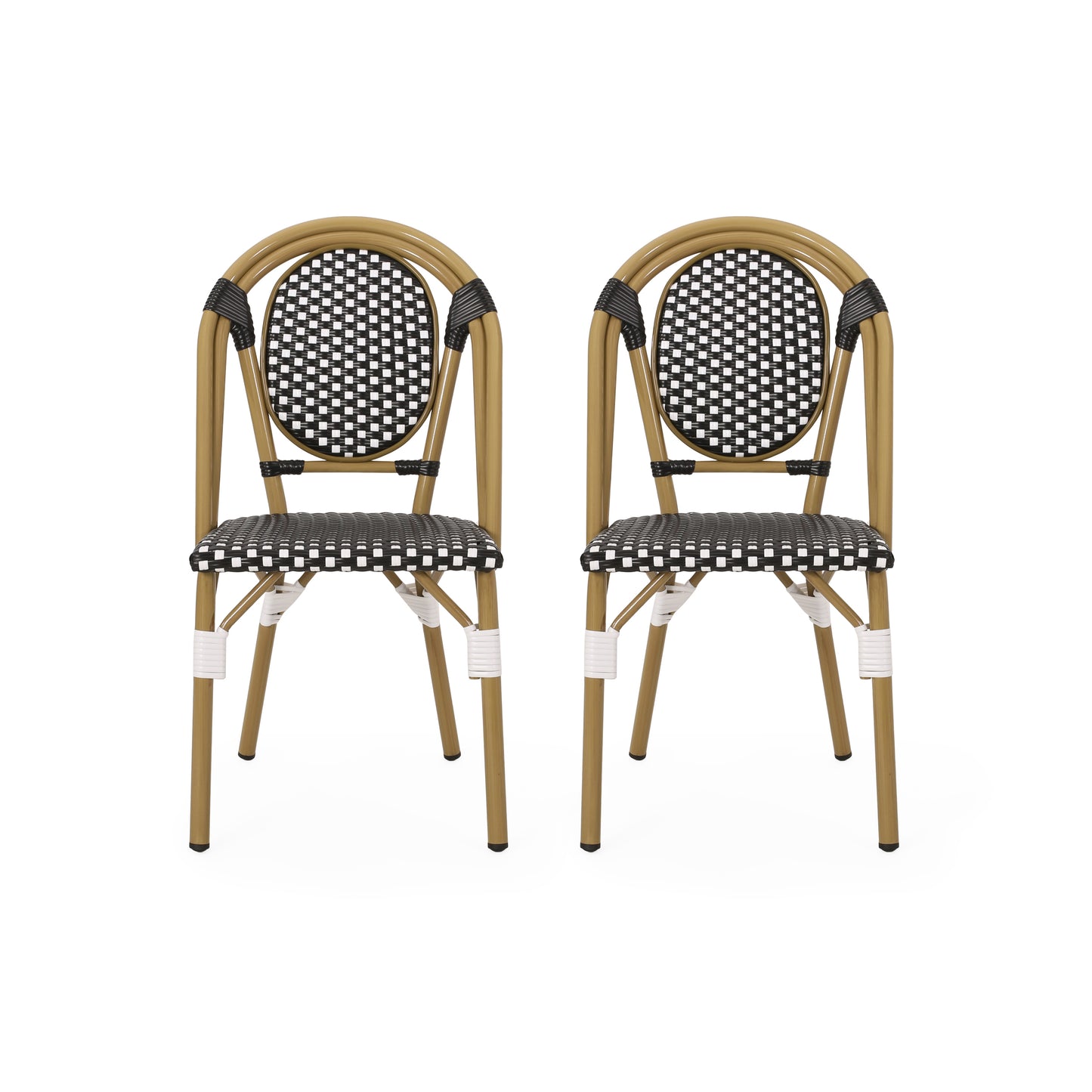 Outdoor French Bistro Chair Set For Two In Aluminum And PE Rattan Garden Patio Use 2 Person Black And White Finish