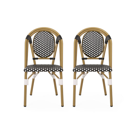 Outdoor French Bistro Chair Set For Two In Aluminum And PE Rattan Garden Patio Use 2 Person Black And White Finish