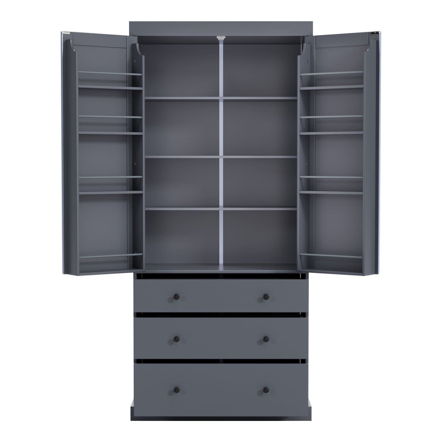 Tall Gray Farmhouse Kitchen Pantry Cabinet with Adjustable Shelves, Drawers, and Door Storage Solutions