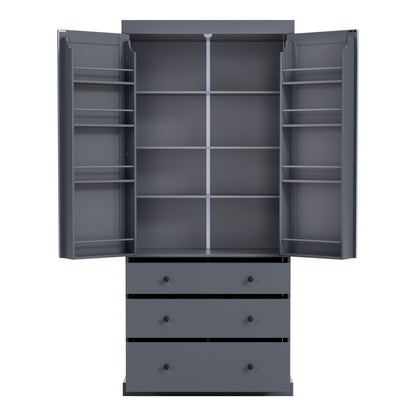 Tall Gray Farmhouse Kitchen Pantry Cabinet with Adjustable Shelves, Drawers, and Door Storage Solutions