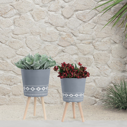 Set of 2 Diamond Planters with Wood Legs, Magnesia-Resin, Drainage Holes, 10x10x17 & 12x12x21 Inches, Inches, Gray