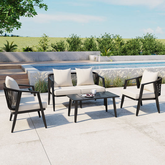 Durable Iron Outdoor Seating Set For Four With American Traditional Style For Patio Lawn Or Poolside Beige