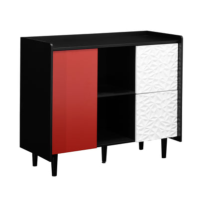 Sideboard Buffet Cabinet, Black Storage Cabinet with Red Doors , 2 Drawers with unique panel styling and 2 Open Storage Compartment, Modern Coffee Bar Cabinet Accent Cabinet for Kitchen, Dining Room,