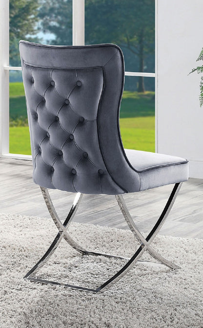 2 Velvet Dining Chairs with Button-Tufted Upholstery, Chrome Frame, 20.75W x 26.5D x 38H, Glam, Gray