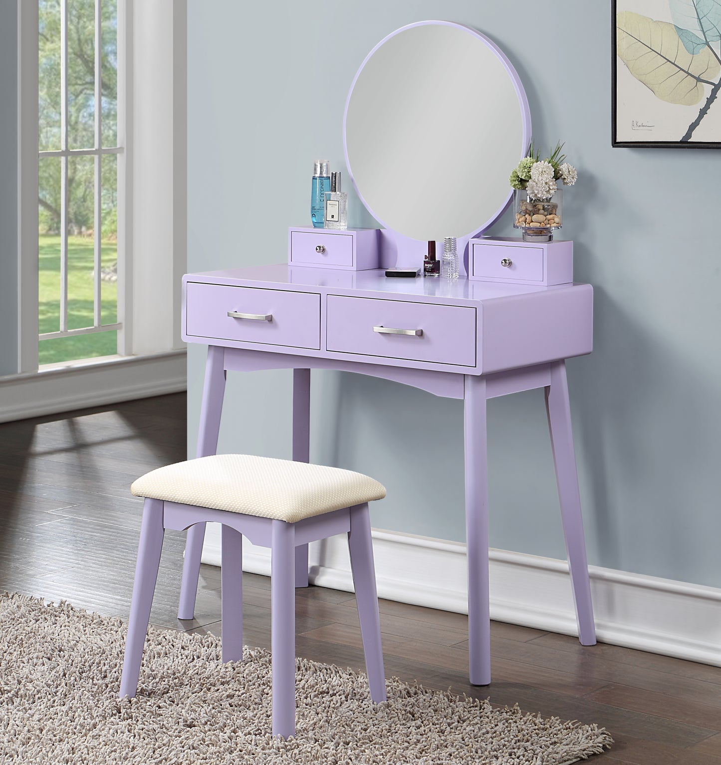 Contemporary Wood Vanity with Stool Set, 1-Drawer Makeup Table for Bedroom and Dressing Room - Purple