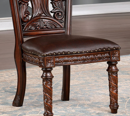Traditional Dining Side Chair Set of 2, Solid Wood, Leatherette, Carved Back, Nailhead Trim Dark Brown
