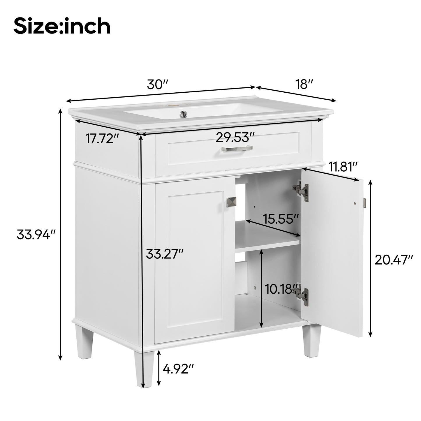 Stylish 30-Inch Bathroom Vanity with Elegant Ceramic Sink, Soft Close Doors, and Adjustable Storage Shelves