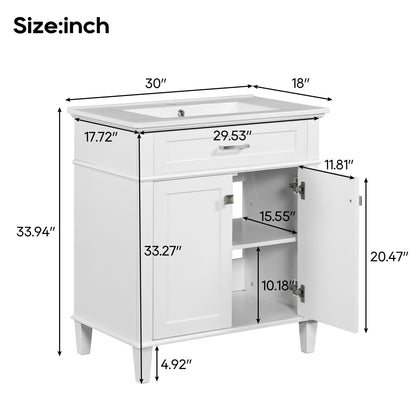 Stylish 30-Inch Bathroom Vanity with Elegant Ceramic Sink, Soft Close Doors, and Adjustable Storage Shelves