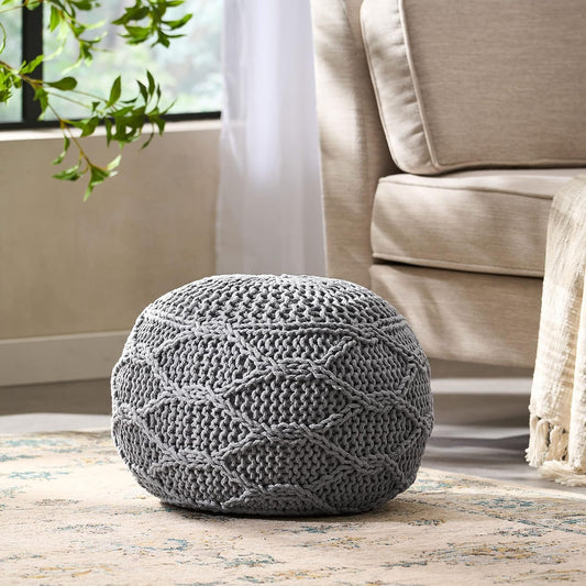 Round Cotton Knit-Weave Pouf Ottoman, 20x20x14 in, Modern Living Room Floor Cushion, No Assembly, Grey