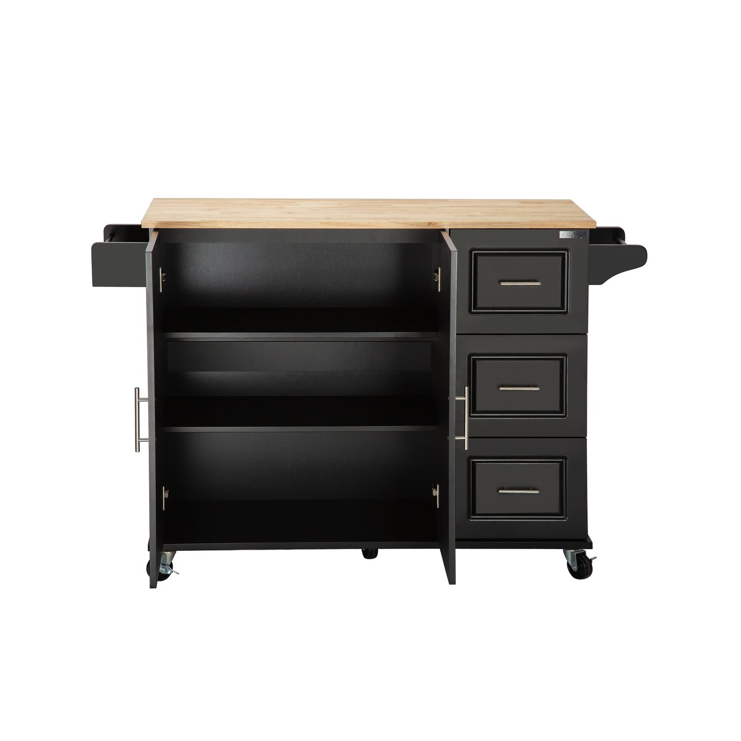 Mobile Kitchen Island with Rubber Wood Top, Adjustable Shelves & Spice Rack - Black-Beech Finish