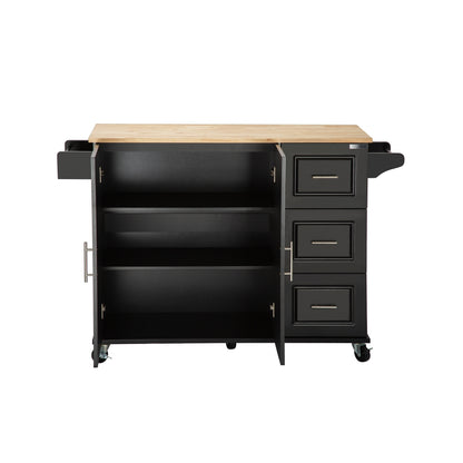 Mobile Kitchen Island with Rubber Wood Top, Adjustable Shelves & Spice Rack - Black-Beech Finish