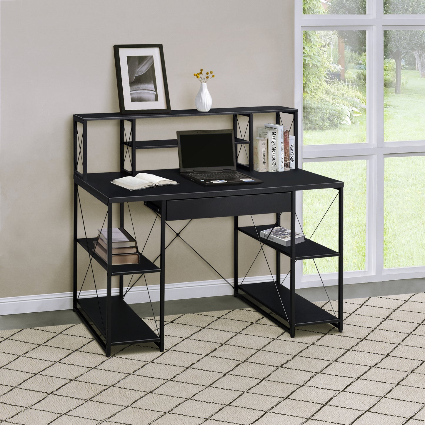 Modern Black Writing Desk with Open Storage and Metal Base